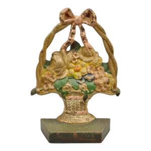Antique Victorian Cast Iron Painted Floral Bouquet Pink Bow Basket Door Stop