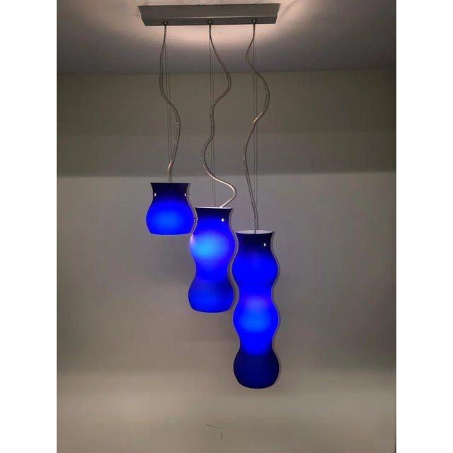 MOBITRI Pendant Murano Blue Glass Satin Finish Gray Mounting. Designed By Mario Mazzer for ITRE. Dimensions: Width 16"...