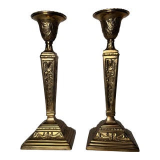Vintage French Renaissance Solid Brass Candlesticks, a Pair For Sale