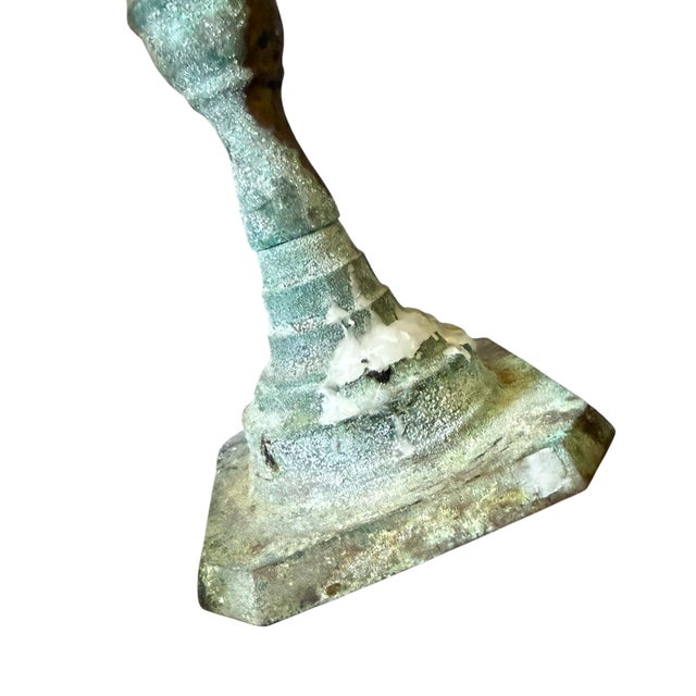 1950s Pair of Vintage Brass Candlesticks With Verdigris Patina For Sale - Image 5 of 5
