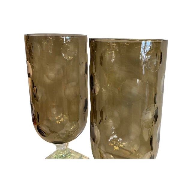 Modern Pair ofHand-Blown Smoky Brown Bubble Glass Hurricanes For Sale - Image 3 of 4