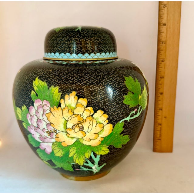Mid 20th Century Chinese Black Cloissone 8” Lidded Ginger Jar With Colorful Peony Motif For Sale - Image 10 of 12
