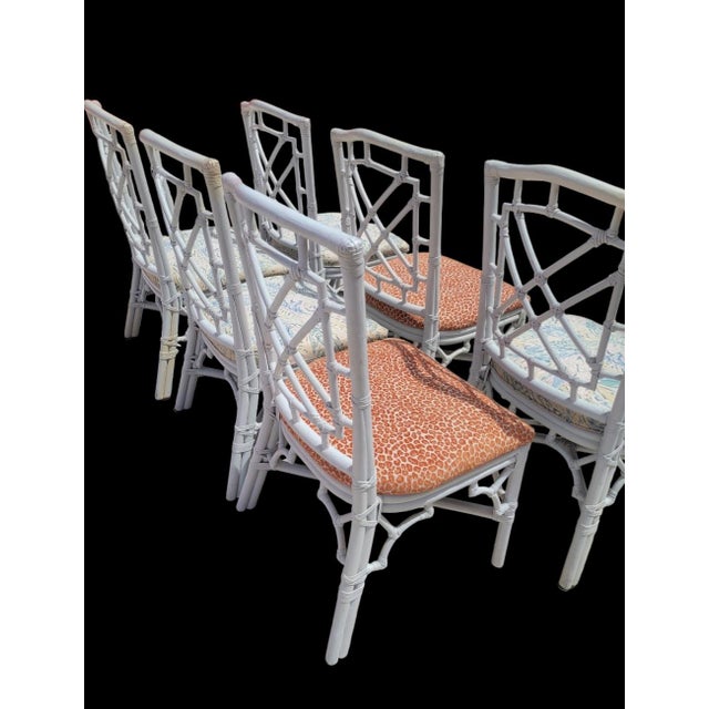 Wood Vintage White Chinese Chippendale Lexington Rattan Palm Beach Regency Dining Room Chairs- Set 10 For Sale - Image 7 of 17