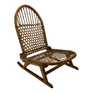 Vintage Tubbs Vermont Made "Snow Shoe" Style Stream Bent Ash Wood & Hand Woven Hide Canoe & Camping Folding Chair For Sale