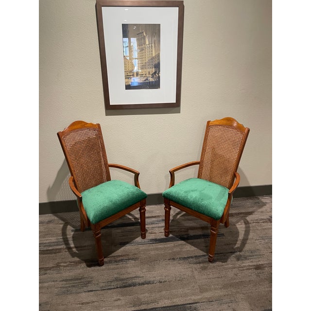 Green Pair of Mid-Century Transitional Cane Back Armchairs in Everlast Billiard Green Chenille (Thomasville Ceremony Style) - Set of 2 For Sale - Image 8 of 12