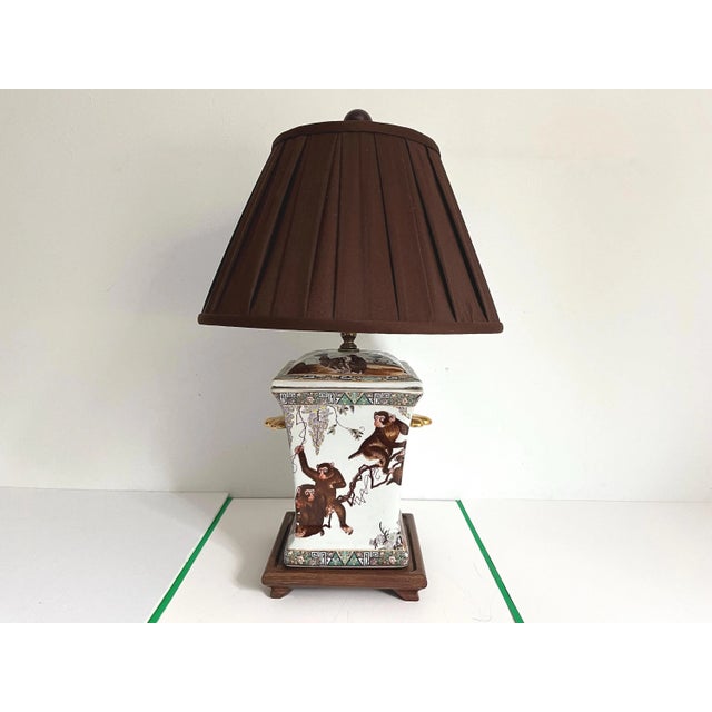 1950s Porcelain Monkeys Jar Lamp & Shade For Sale - Image 6 of 18