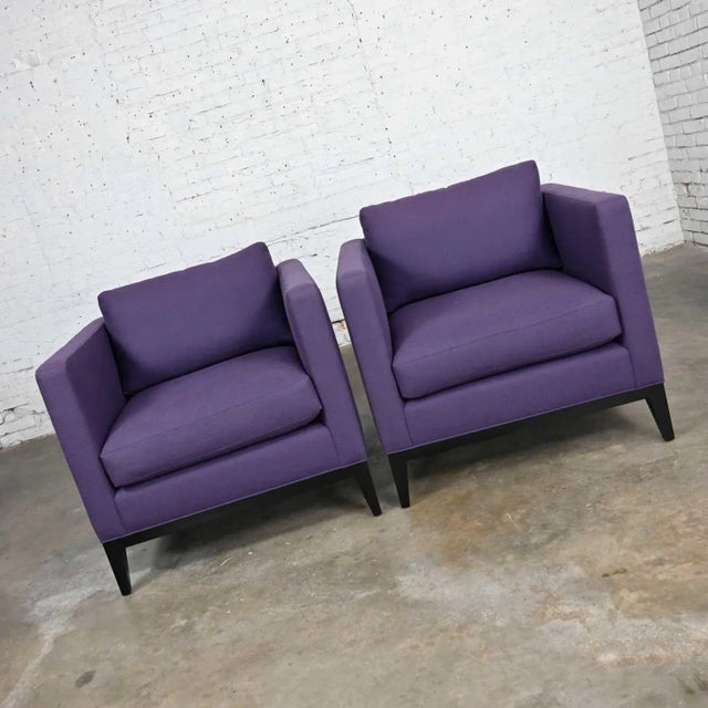 Splendid modern purple plum tone tuxedo style club chairs by Baker a pair. Comprised of loose back & seat cushions with...