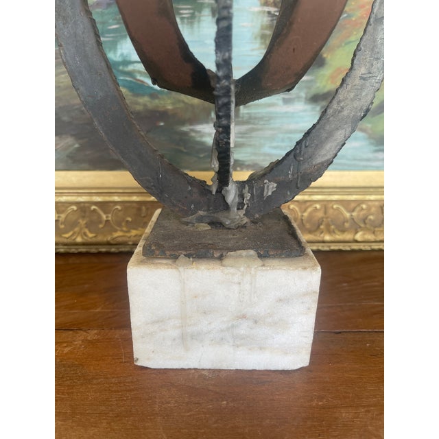 Metal Brutalist Possibly Welded Steel Abstract Sculpture Candle Holder on Likely White Marble Base, 1960s Modernist Art Object. For Sale - Image 7 of 8