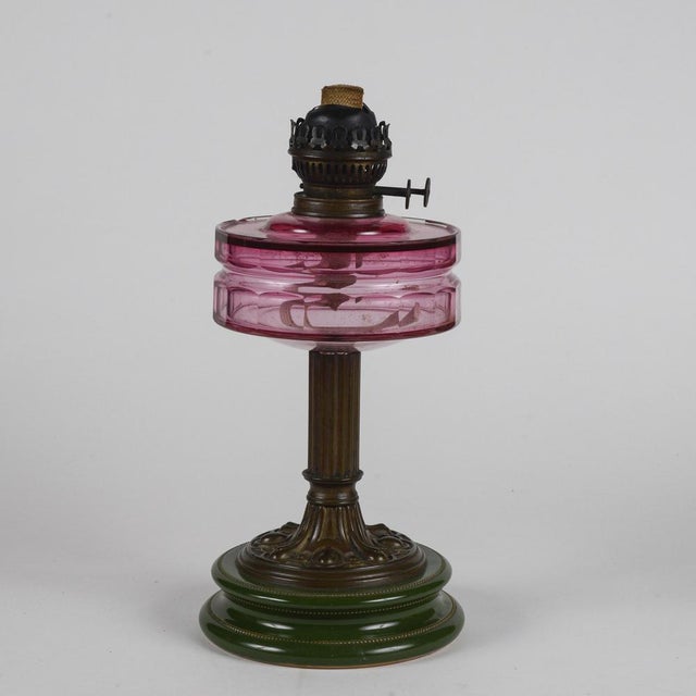 Art Nouveau Ceramic, Glass and Metal Oil Lamp with Original Working Double Wick For Sale - Image 3 of 10