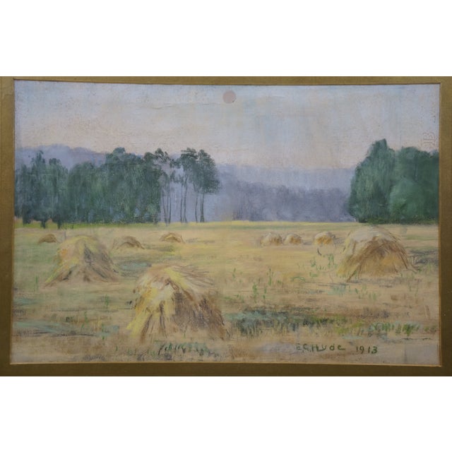 1913 Antique Emily Hyde Indiana Country Hay Field Pastel Landscape Painting 27" For Sale - Image 11 of 11