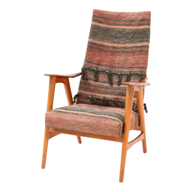 Mid-Century Modern Teak Lounge Chair With Kilim Upholstery, 1960s For Sale
