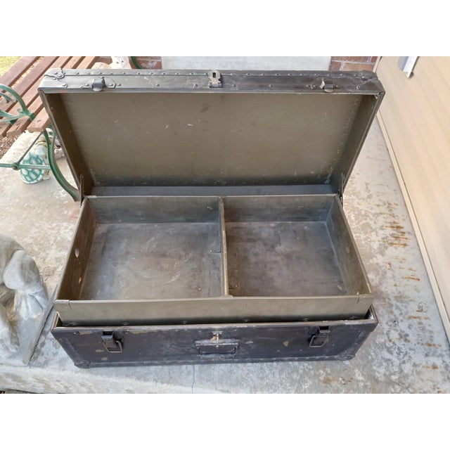 Army Green Vintage 1940's Herkert and Meisel Trunk Company Military Foot Locker For Sale - Image 8 of 10