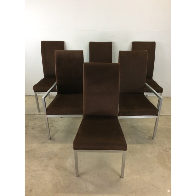This set of 6 postmodern dining chairs attributed to Milo Baughman for Founders feature brushed aluminum legs and frame,...