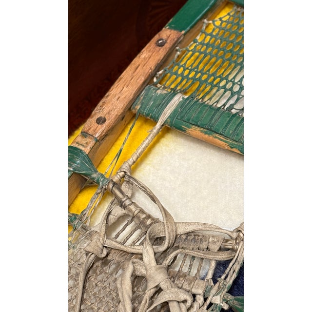 Rustic Antique Early 20th Century Cree Snowshoes With Babiche Lacing Green Paint For Sale - Image 3 of 11