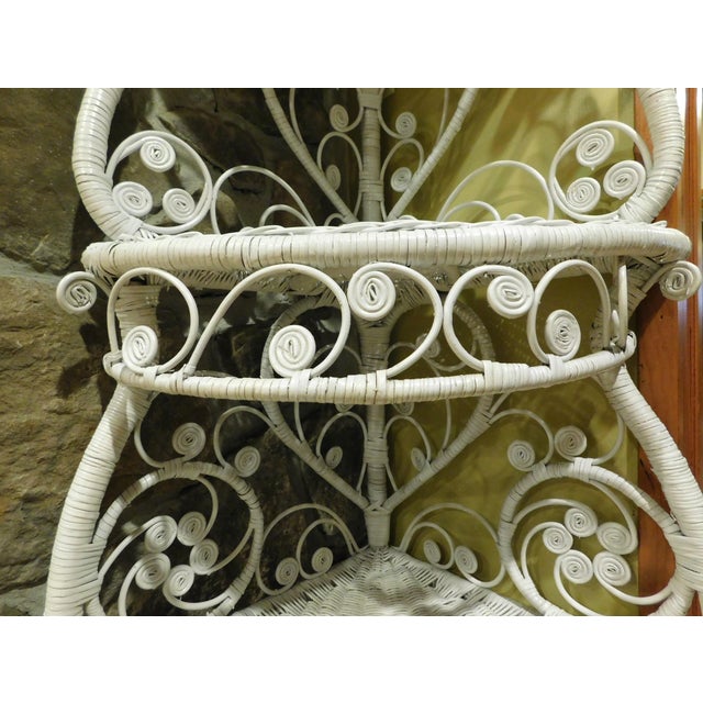 Vintage 1960s White Wicker & Rattan Corner Étagère – Ornate Heart + Scroll Motif, 3-Tier, 60" H For Sale - Image 9 of 18