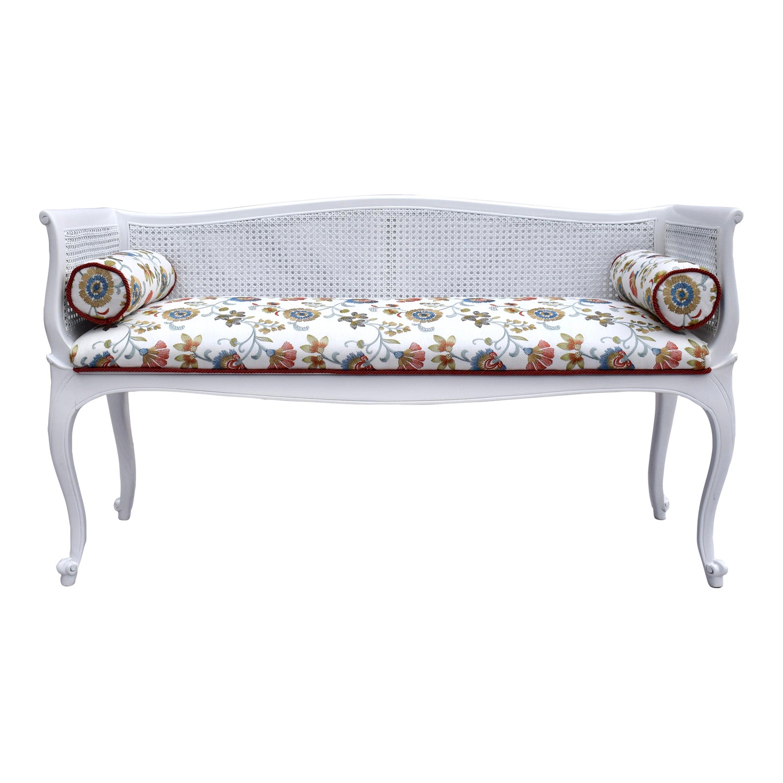 French Louis XV Style Spring Floral Caned Window Bench Settee | Chairish