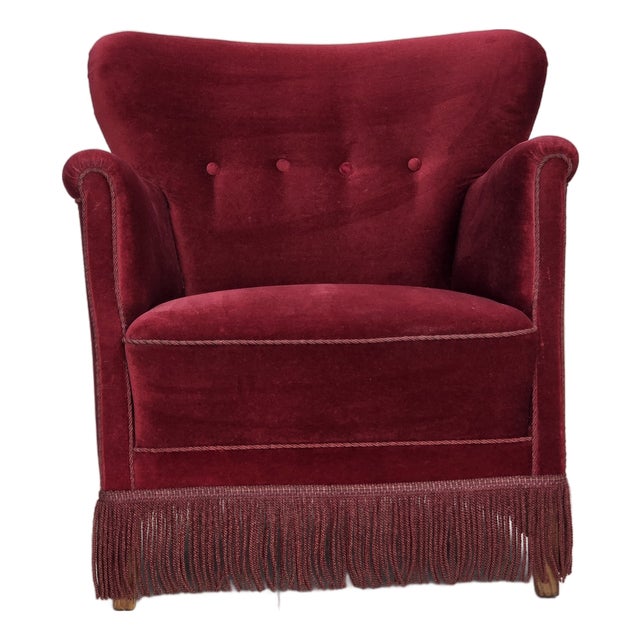 Vintage Danish Lounge Chair in Cherry-Red Furniture Velour and Oak, 1960s For Sale