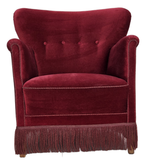 Vintage Danish Lounge Chair in Cherry-Red Furniture Velour and Oak, 1960s