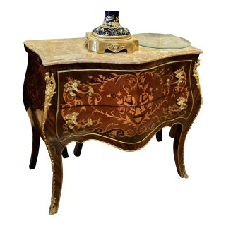 French Louis XV Bombe Chest With Marble Top & Floral Marquetry For Sale