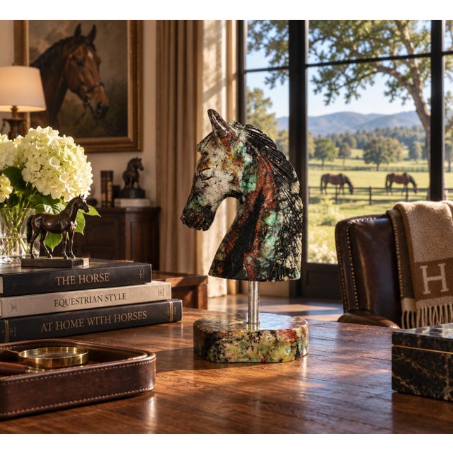 This striking hand-carved natural stone horse head sculpture is beautifully polished to reveal the remarkable colors and...