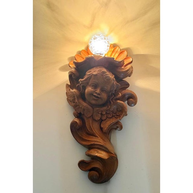 1970s European Alpine Baroque Style Hand-Carved Cherub Wall Sconces in Spruce, 1970, Set of 2 For Sale - Image 5 of 18