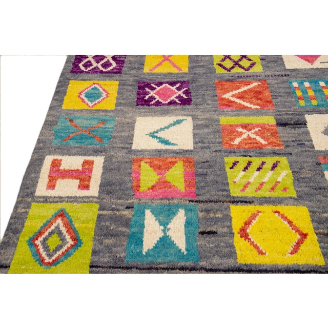 Modern Moroccan Style Handmade Allover Pattern Multicolor Boho Wool Rug For Sale In New York - Image 6 of 10