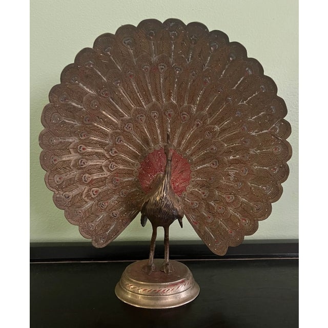 Metal Early 20th Century Anglo-Indian Polychrome Etched Brass Peacock Figurine For Sale - Image 7 of 7
