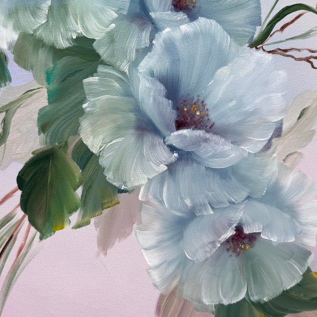 1990s Vintage Original Blue Hibiscus Floral Painting For Sale - Image 5 of 10