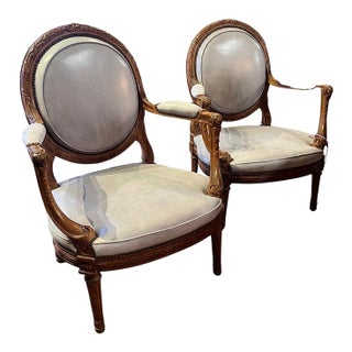 19th Century Late Pair Louis XVI Style Walnut Fauteuils For Sale