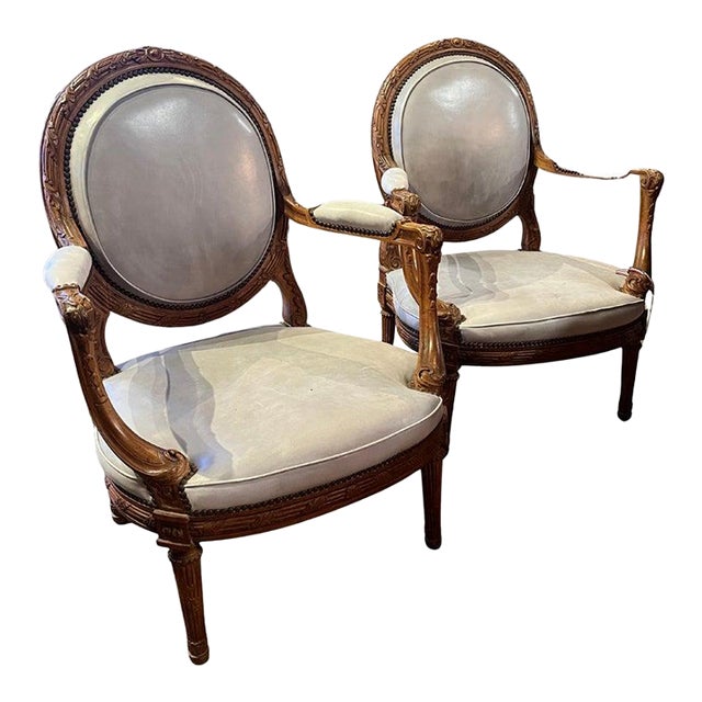 19th Century Late Pair Louis XVI Style Walnut Fauteuils For Sale
