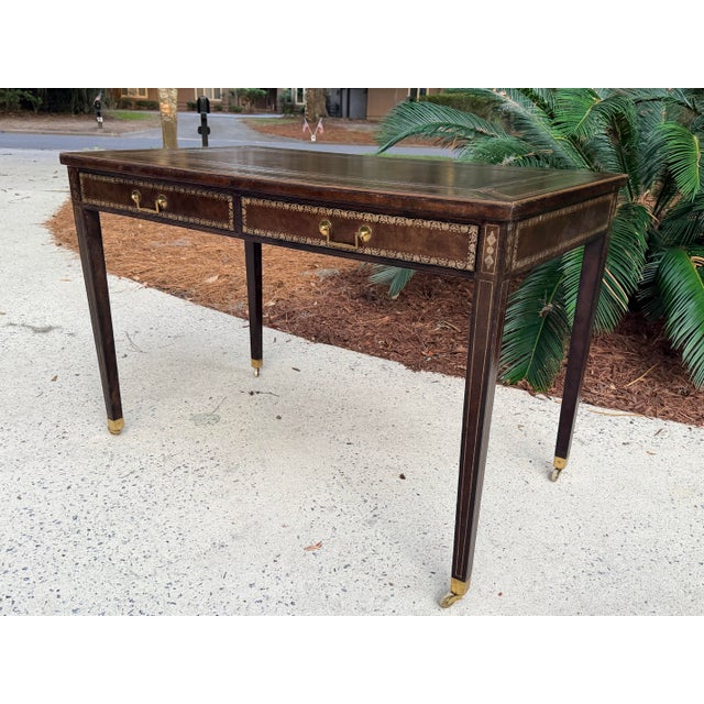 French Maitland-Smith Leather Writing Table With Embossed Gilded Decoration For Sale - Image 3 of 12