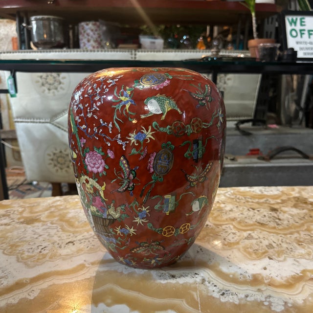 Up for consideration is a beautiful vintage Asian style red detailed ceramic vase with floral accents. This would look...