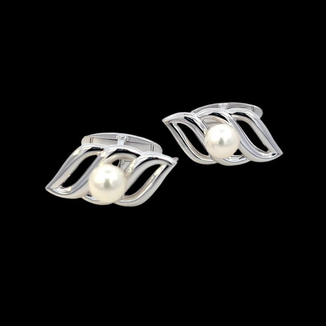 1990s Mikimoto Estate Akoya Pearl Mens Cufflinks Silver, 2 Pieces For Sale - Image 10 of 10