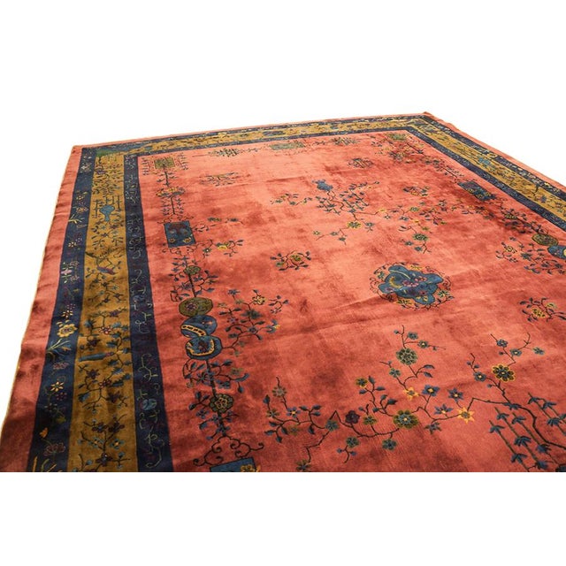 Blush 1920s Rich Red Big Size Floral Antique Wool Hand Knotted Art Deco Chinese Rug For Sale - Image 8 of 8