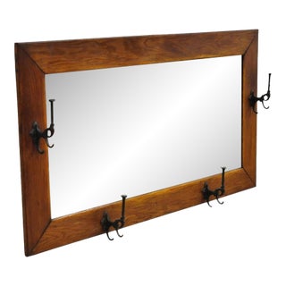 Antique Arts & Crafts Mission Oak Wood Beveled Glass Hall Mirror Iron Coat Hooks For Sale