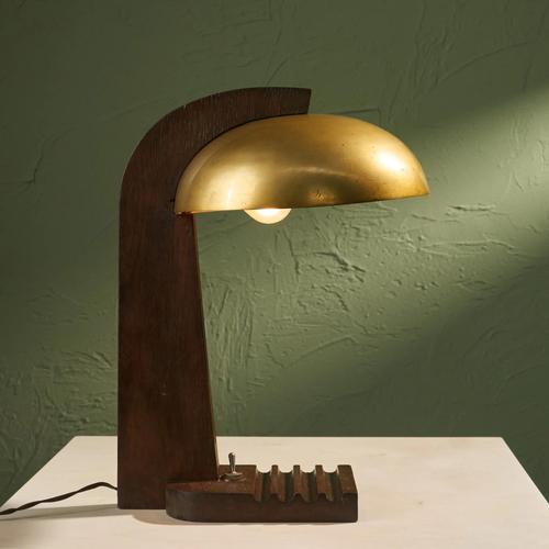 Modernist Table Lamp with Oak Base and Brass Shade, France For Sale - Image 9 of 9