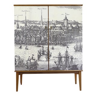 Mid-Century Scandinavian Cabinet with Print of Stockholm by Erik Dahlberg, 1940s For Sale