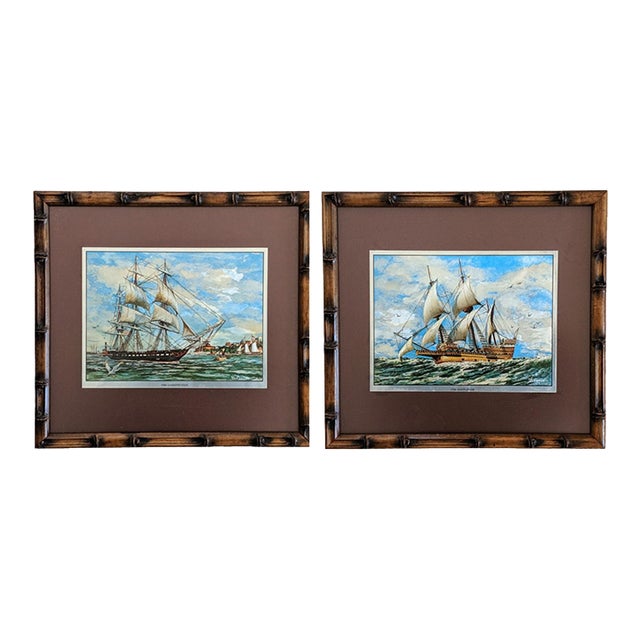 Vintage Nautical Clipper Ship Color Foil Prints Framed in Faux Bamboo Frames- A Pair For Sale