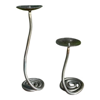 Vintage Hand Forged Brutalist Wrought Iron Spiral Candlesticks, Stamped Jb - Pair For Sale