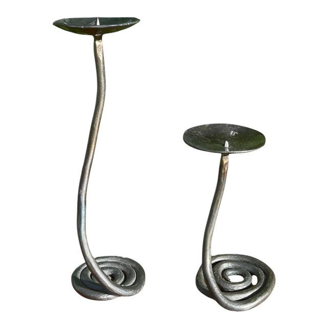 Vintage Hand Forged Brutalist Wrought Iron Spiral Candlesticks, Stamped Jb - Pair For Sale