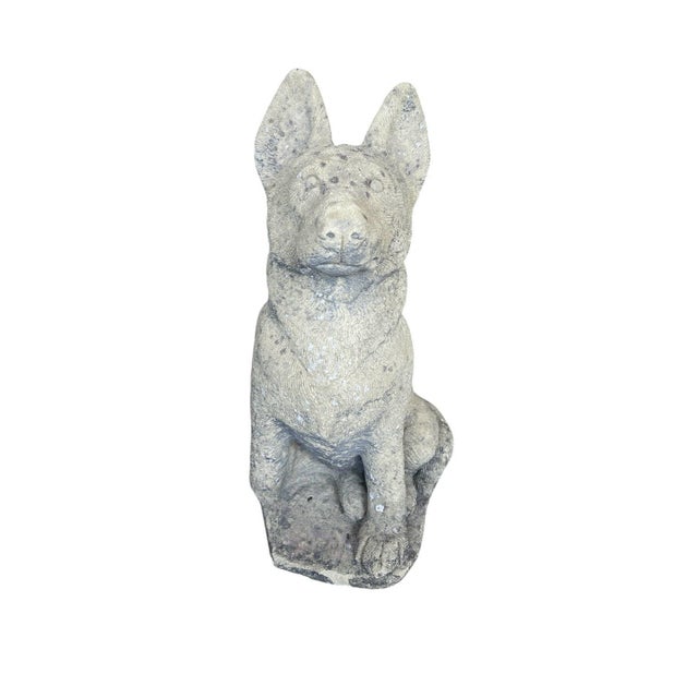 This is a charming, vintage-style garden statue depicting a seated German Shepherd (or similar Belgian Malinois breed)....