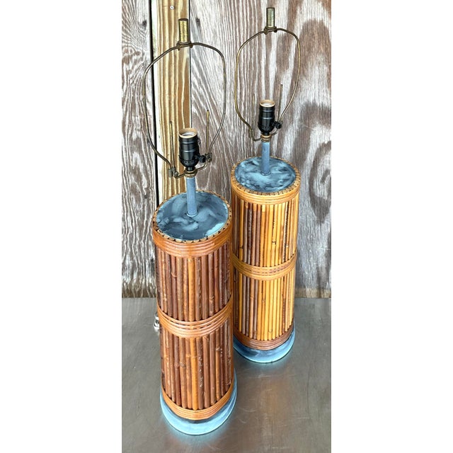 Late 20th Century Vintage Coastal Pencil Reed Table Lamps - a Pair For Sale - Image 5 of 6