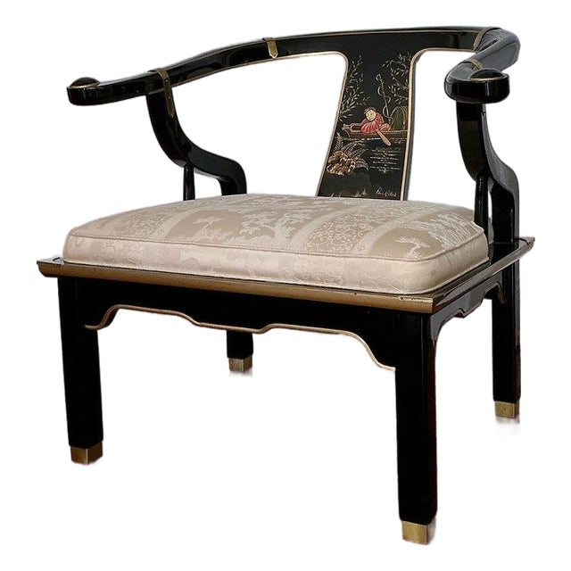 Late 20th Century Pair of James Mont Style Black Lacquer Horseshoe Chairs For Sale
