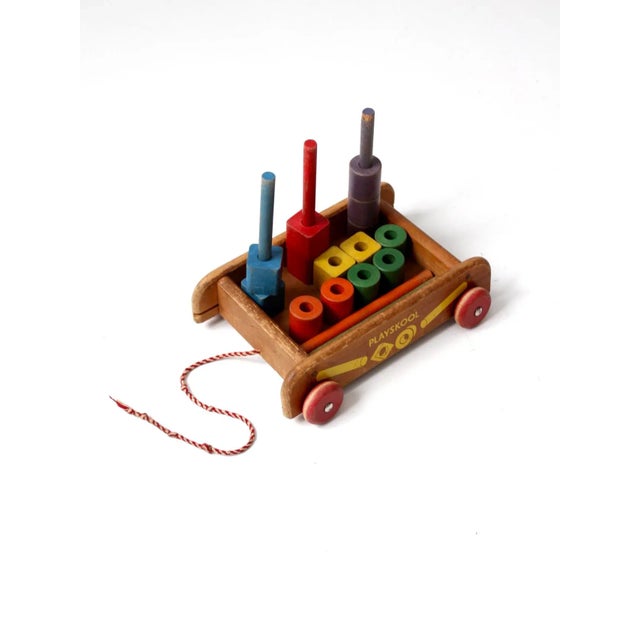 Wood Vintage Playskool Wagon With Toy Blocks For Sale - Image 7 of 9