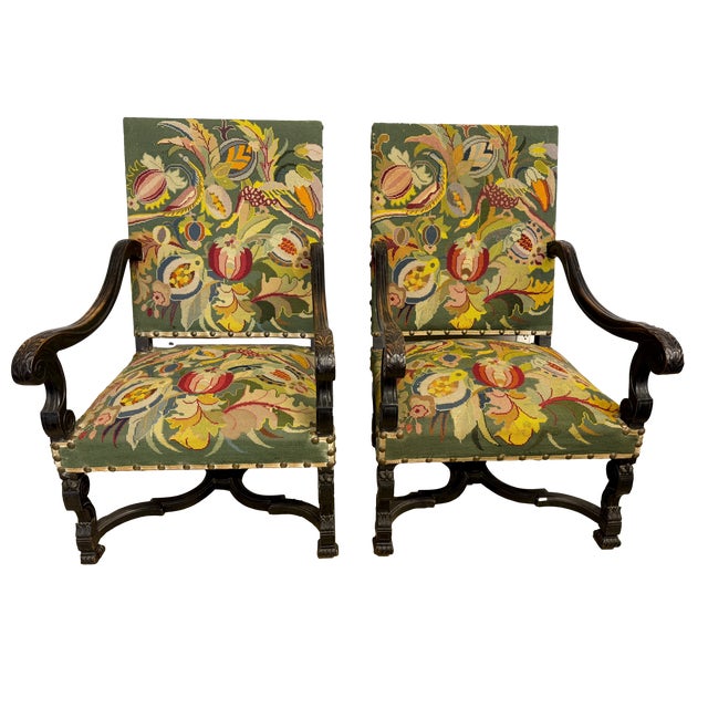 18th C. French Baroque Needlepoint Armchairs - A Pair For Sale - Image 14 of 15