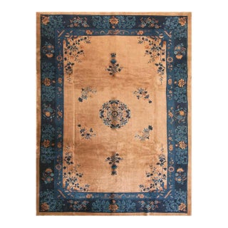 1900s Tan Camel Floral Medallion Antique Chinese Art Deco Rug 10'3" X 13'8" Handknotted Wool Carpet For Sale