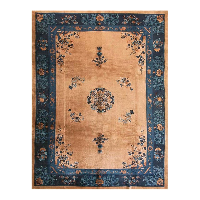 1900s Tan Camel Floral Medallion Antique Chinese Art Deco Rug 10'3" X 13'8" Handknotted Wool Carpet For Sale