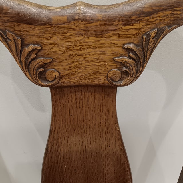 French Country Antique Quarter Sawn Oak Side Chairs With Hand Carved Motif on Each Side and Nailhead Stud Surround Tapestry Seat and Claw Feet For Sale - Image 3 of 18