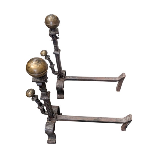 Spanish Revival Antique Spanish Revival Brass and Wrought Iron Fireplace Andirons – Pair For Sale - Image 3 of 7