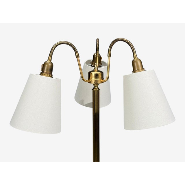 Metal 1970s Swedish Modern, Three Light Floor Lamp, Reeded Brass, Fabric, Sweden For Sale - Image 7 of 13